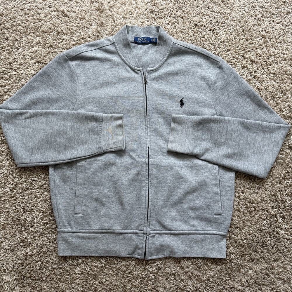 Polo Ralph Lauren Sweater Men Size Large Gray Double Knit Bomber Jacket Full Zip